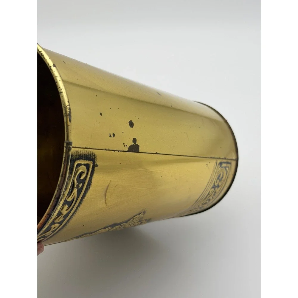 Vintage Gold Metal Oval Wastebasket Embossed Horse Carriage Village Scene 6in